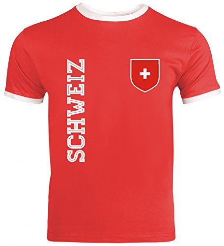 Swiss Fußball WM Fanshirt Gruppen Herren Männer Ringer Trikot T-Shirt Fan Trikot Schweiz, Größe: L,Red/White