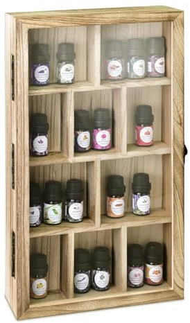Ikee Design Wooden Collection Display Case with Hinged and Clear Tempered Glass Top, Wall Mounted 10 Slots Wood Display Storage Box for Mini Figures, Collections, Essential Oils, Oak Color