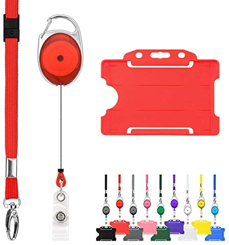 Retractable Lanyard and Badge Holder Trio Triple Pack by LanyardsTomorrow - Set Includes A Single Plain Lanyard, Extendable Carabiner Yoyo Reel Clip and Rigid ID Card Holder (Red)
