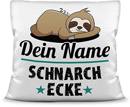 PR Print Royal Kissen inkl. Füllung Faultier PERSONALISIERT mit Wunschname für - Ihr Name Schnarchecke - Kuschelkissen/Lustige Geschenkidee/Freunde/Familie/Geburtstag - Kissen Weiß - flauschig