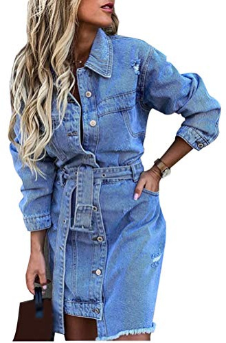 Minetom Vestiti Abito in Jeans Donna Manica Lunga Casual Cappotto Giacca di Jeans Bottoni Camicia Denim Vestito A Blu 48