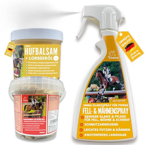Pferde Leckerlies + Huffett Pferde + Mähnenspray für Pferde - Leckerli Pferd - Schweifspray für Pferde - Pferdezubehör - Hufbalsam Hufpflege - tolle Pferdepflege Set 3tlg für Fell Mähne Schweif Hufe