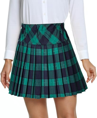 EXCHIC Mujeres Universitario Estilo Alta Cintura Plisado Mini Falda A Línea Tartán Falda con Forrados(XXL, 5-Verde)