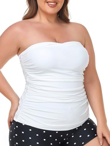 Ocean Blues Women's White Plus Size Bandeau Tankini Top Ruched Tummy Control Tankini Bathing Suit Top Only Size Large