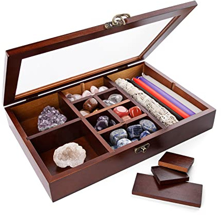 Mooncraftlogy Adjustable Rock Display Case, Crystal Collection Box with Shelves, Wood Witchy Stones Organizer Storage,Gem Holder with Lid for Seashell, Collectibles, Wiccan Gift (Brown)