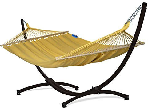 Potenza Outdoor Stabhängematte Hängematte mit Gestell für 2 Personen 370 cm I 100% Baumwolle Merida Doppelhängematte XXL 215x160, 200kg I Hängemattengestell 220kg, wetterfest, Colore Gold