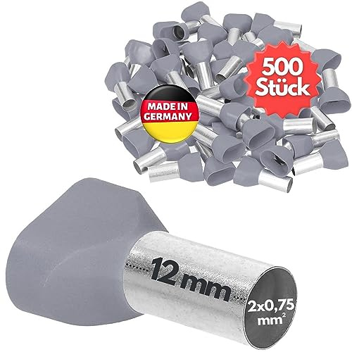 500 stycken Kalitec AET07512GR tvillinghylsor isolerade 2 x 0,75 mm² 12 mm lång grå I tillverkad i Tyskland I industriell kvalitet