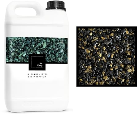 Mr. Epoxy Moquette de Pierre Extérieur & Intérieur Kit Complet (25kg Gravier + 1,3kg Résine PU) - Anti-UV & Sans Odeur - Revêtement Sol Terrasse, Balcon & Salle de Bain (Nero e Oro)