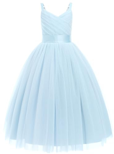 IMEKIS Vestido de fiesta para niña de flores, dama de honor, sin mangas, cuello en V, volantes, tul, tutú, elegante, para primera comunión, cumpleaños, desfile, azul claro, 7 años