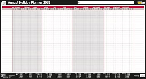 Sasco 2025 Annual Holiday Daily Planner, Yearly Wall Planner Set, Large Paper Whiteboard Style Dry Erase Calendar Poster, Dry Erase Pen & Stickers, Wall Chart, Black & Red, 750x410mm, 2410254