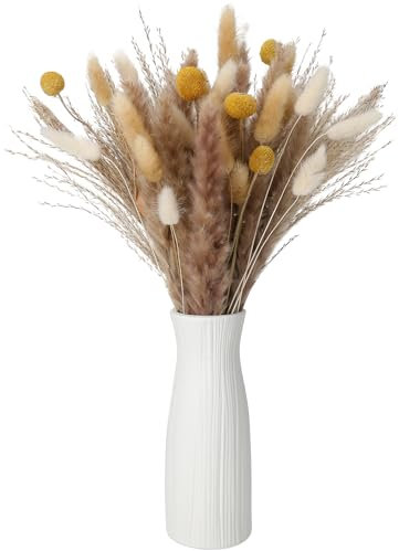 patinadrift 55 Stück Trockenblumenstrauß mit Vase Set Pampasgras Getrocknet Blumen Natürliche Trockenblumen Boho Deko für Hochzeit, Wohnzimmer, Schlafzimmer, Heim Tischdeko