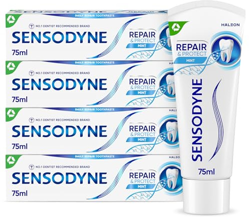 Sensodyne Repair & Protect Mint Toothpaste for Sensitive Pain, Deep Repair* with Novamin, 4 × 75 ml
