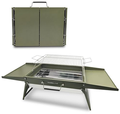 Charmline 51 * 35cm Barbacoa de Carbón para Camping, Picnic, Jardín y Playa, Pequeño Barbacoa Carbon Portátil Plegable, BBQ Portatil Para Uso en Exteriores, Verde, Máx