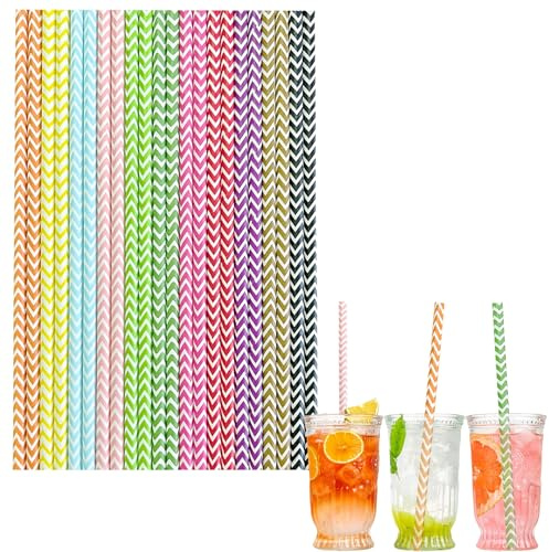 COSORO 100 st papperssugrör biologiskt nedbrytbara engångssugrör, vågfärgat papper sugrör juice kaffe kalla cocktailsugrör för födelsedag bröllop brud/baby shower fest sugrör dryck tillbehör