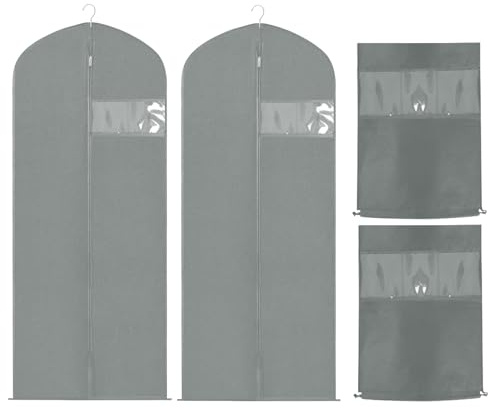 Tenbrachian 2 Fundas Ropa Armario y 2 Bolsas para Zapatos, 60 x 120 cm Fundas de Ropa, Funda Traje Funda Ropa Armario, Bolsa Guardar Ropa Antipolvo para Abrigos Chaquetas Vestidos de Noche(Gris)