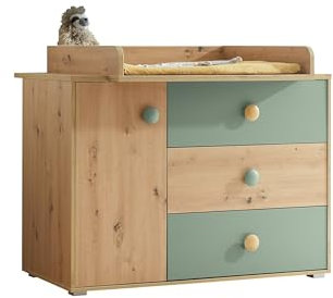 Wickelkommode >Birta< Artisan Eiche Dekor/Salbei, Wickelkommode mit Wickelaufsatz, 3 Schubladen & 1 Tür ? 120x99,3x77,6 cm, Dekorfolie, zerlegt ? viel Stauraum & modernes Design fürs Babyzimmer
