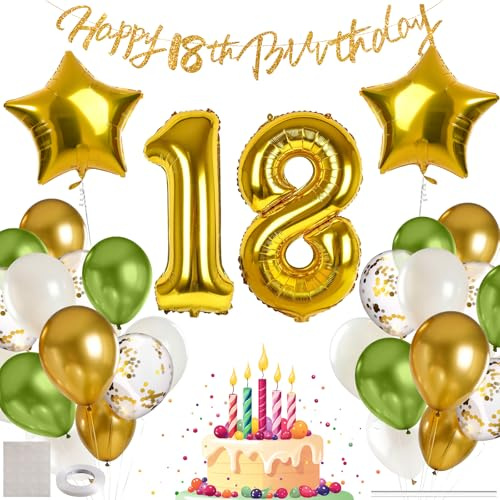 MIEWAA Globos 18 Cumpleaños Chico, Adornos Fiesta Decoracion 18 Años Cumpleaños Chica con Banner HAPPY BIRTHDAY, Número 18 Grande y Globo Foil Estrella, Globos Latex y Confetti, Verde-Dorado-Blanco
