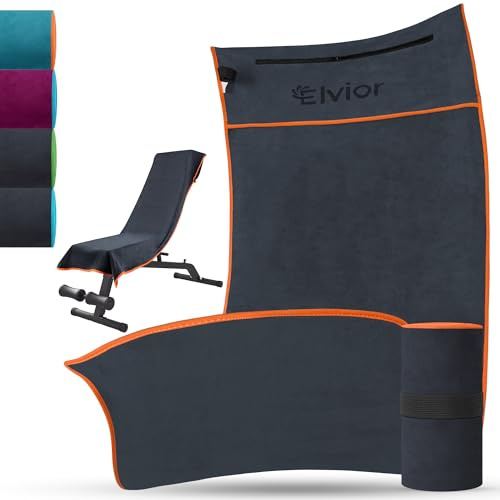 Serviette Sport 120x50cm - Serviettes Musculation Microfibre Antidérapante avec Poche Zippée - Serviette de Fitness pour homme Femmes pour Entraînement, Yoga, Gym, Randonnée (Gris Foncé/Orange)