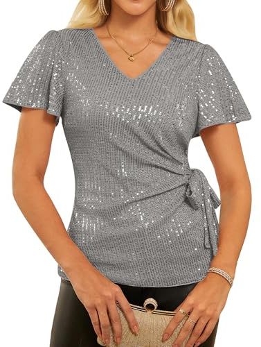 GRACE KARIN Women's Sequin Party Going Out Top Short Flounce Sleeve Wrap Blouse Grey M