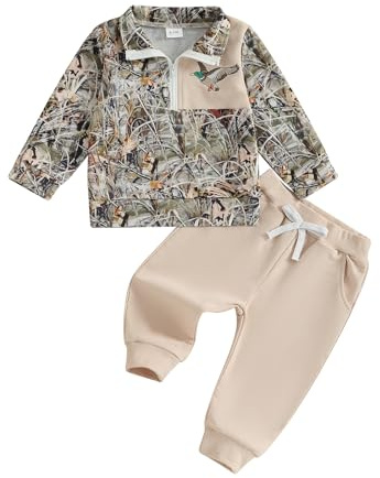 Muspeczenith Toddler Baby Boy Hunting Clothes Mallard Wild Duck Half Zip Up Long Sleeve Sweatshirt and Pants Set Infnat Fall Winter Camouflage Outfits (Army Green, 6-12 Months)