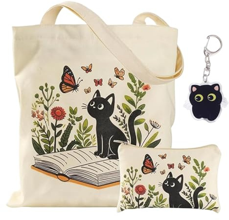 ZXTGBQ Gatto Bolsa Tela Tote Bag con Motivo Gatto E 1 Portachiavi, Borsa di Stoffa Carina Design Libri Vintage para El Día a Día Oficina Viaje Escolar y Compras