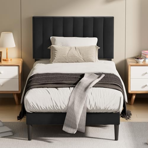 KUTAS Upholstered Bed 90x190 cm, Bed Frame with Adjustable Headboard and Slatted Bed Base, Sturdy Bed Frame, Up to 260 kg, Upholstered Bed, No Box Spring Required, Easy to Assemble, Black