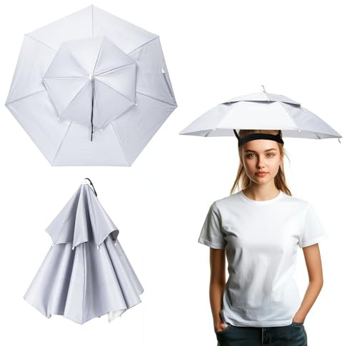 YELARXI Umbrella Hat, Fishing Hat Waterproof Adjustable Double-Layer Sun Rain Cap with Drawstring, 31 & Silver - Fitting For(Women/Men Fishing/Camping/Gardening/Beach/Sunshade)