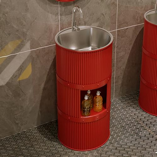 TAXXII Lavabo Redondo con Pedestal, Lavabo Independiente para baño, estación de Lavado de Manos, Lavabo Brillante, Mueble bajo Completo (Color: Rojo)