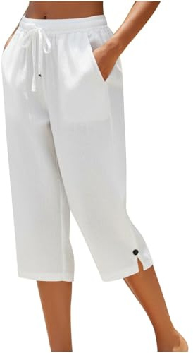 Bermudasmujer Verano Pantalones Cortos Lino 3/4 Mujer Pantalones Talla Grande Cintura Alta Elástiica Pantalón de Pierna Rectos Cómodo Transpirable Pantalón Corto Mujer Verano