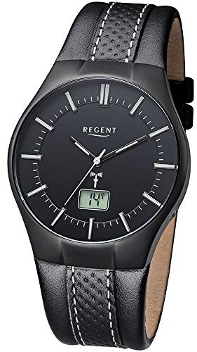 Regent Herren Funk-Armbanduhr aus Edelstahl und Leder in der Farbe Schwarz 39mm, Wasserdichtigkeit: 3Bar, 11030139