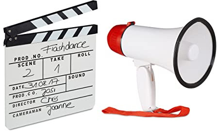 Relaxdays 2 TLG. Film-Set, Megafon Stadion, Filmklappe weiß, Flüstertüte 10 Watt, Regieklappe Holz, Megaphon Ole Sound, Clapboard