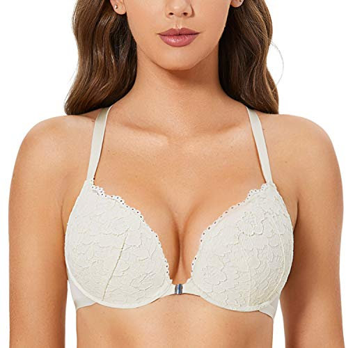 DOBREVA Damen Vorderverschluss BH mit Bügel Push Up Spitzen Neckholder BHS Racerback Tiefer Ausschnitt Gepolsterter Elfenbein 80E