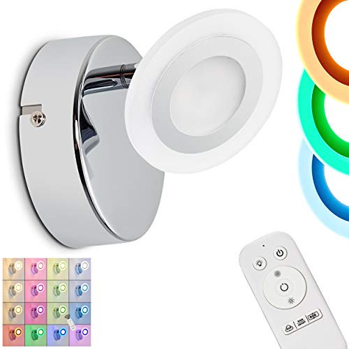 Lampada da parete a LED Lucy, lampada da parete dimmerabile in metallo cromato Wall spot con faretto regolabile, 5 watt, 350 lumen, 3000 K, con cambiacolori RGB e telecomando