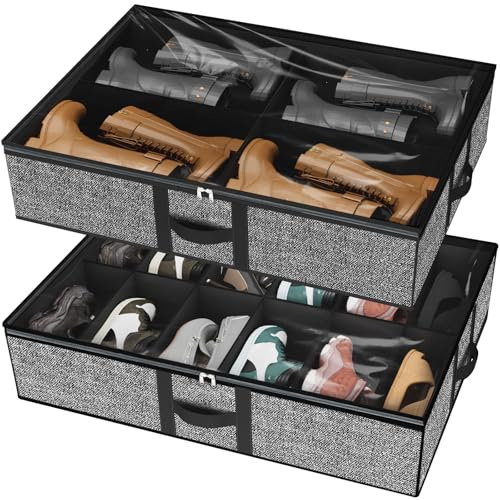 homyfort Under the Bed Shoe Organizer Fits 12 Pairs and 4 Pairs Boots,Sturdy & Breathable Materials,Underbed Storage Solution for Kids Men & Women Shoes,Great Space Saver for Your Closet Set of 2