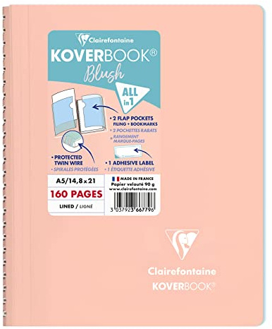 Clairefontaine 366779C - One Koverbook Spiral Notebook Blush Coral - Size: A5 14,8x21 cm - 160 Lined Pages - White Paper 90 g - Polypro Enveloppante Cover