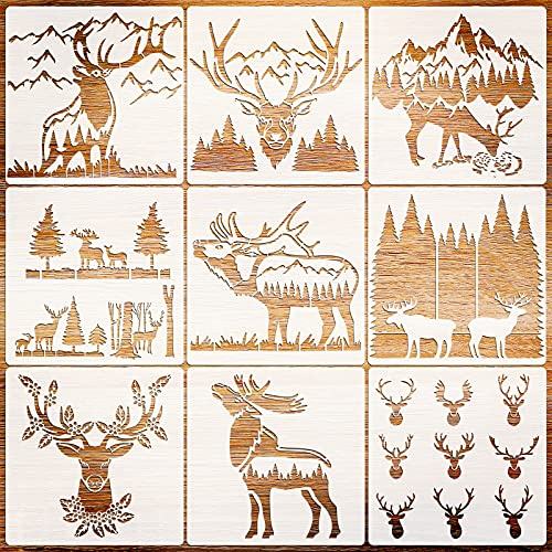 VETPW 9 Pcs Ciervo Plantillas de Pintura Reutilizables, Plantillas de Dibujo DIY Set de Plantillas para Suelos, Ventana, Muebles, Madera, Diseño de Paredes, 25x25CM