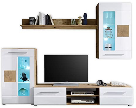 89-189-T2 GEORGIA Artisan Eiche / WEiß Glanz Anbauwand Wohnwand Wohnzimmerschrank ca. 240 x 190 x 43 cm