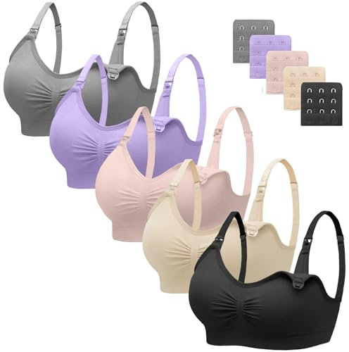 HBselect 5 Pcs Schwangerschafts Still BH Nahtloser Still-BH mit zusätzlichen BH-Verlängerungen Stillen und Schlaf Ohne Bügel für Damen Schwarz Grau Beige Hellrosa Violett