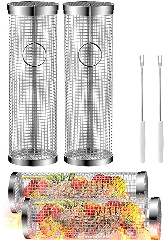 SkoosB Rullkorg i rostfritt stål, grilltillbehör, grönsaksgrillkorg för fisk, räkor, kött, grönsaker (2 st – 12 tum)