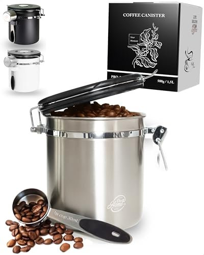 Pro@Home43® Bote cafe hermetico 500 g - plata - recipiente cafe hermetico de 1,5 L de acero inoxidable con función de calendario, incluye cuchara dosificadora, presentada caja de regalo