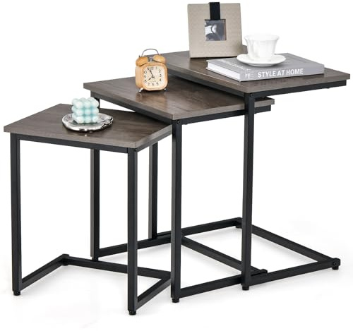 Tangkula Nesting Table Set of 3, Rectangle Stacking Side End Table w/Wood Top & Metal Legs, Adjustable Foot Pads, C-Shaped Accent Coffee Tables for Small Spaces, Living Room (C-Shaped, Gray, 3-pc)