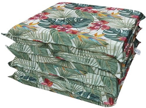 HABITA 33 HOME Cojines para Sillas de Jardín – Set de 4 (50x50x8 cm) – Fundas con Cremallera Desenfundables y Lavables – Asiento Cómodo para Exteriores – Fabricación Italiana (4, Flowering)