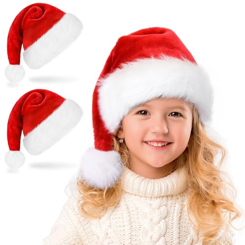 Ambandier Santa Christmas Hat for Kids Boys Girls, Unisex Children Soft Plush Classic Fur Xmas Holiday, Thicken Comfortable Velvet Santa Claus for Christmas New Year Festive Theme Party