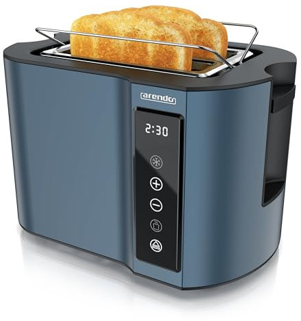 Arendo - Touch Toaster 2 Scheiben Edelstahl - Touchpanel - digital Display Restzeitanzeige - 800 W – Doppelwandgehäuse – mit Brötchenaufsatz – 7 Bräunungsgrade – Brotscheibenzentrierung - Blau