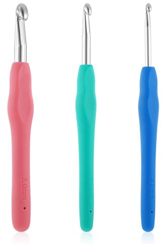 Häkelnadeln in 3 Größen, 4 mm, 5,5 mm, 8 mm, Ergonomischer Arthritis Griff, Häkelnadel mit Langem Gummigriff, Riesige Häkelnadeln zum Stricken für Dickes Garn, Schals, DIY, Wollprodukte