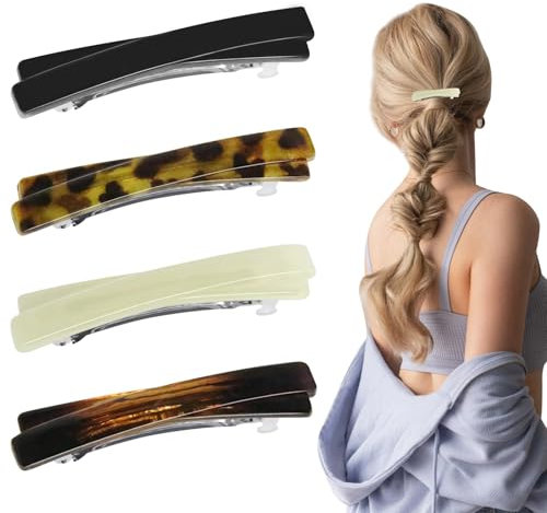 4 Stück französische Haarspangen für Frauen, Goody Barrettes, kleine Schildpatt-Haarspangen, gebogen, glänzend, dünn, fein, flach, Haar-Accessoires, schwarz, weiß, Leopardenmuster, Bernstein, 6,5 cm