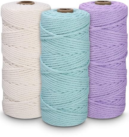 Makramee Garn Set, 3 Stück, Premium Makrameegarn für DIY, Boho Deko, Traumfänger, Baumwoll Bastelschnur Natur, baumwollseil 3mm x 100m, Baumwollgarn (weiß, Hellviolett, aquamarin)