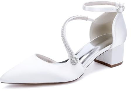 TNMIUH Scarpe da Sposa comode da Donna con Tacco a Blocco, Eleganti Scarpe col Tacco in Raso con Punta Chiusa e Cinturino alla Caviglia per Scarpe da Sera e da Sposa,Bianca,41 EU