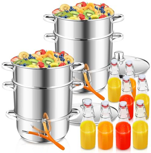 Ollewiellan 2 exprimidores de vapor Ø26 16L de acero inoxidable, incluye 8 botellas de planchado, adecuado para todo tipo de cocinas, exprimidor suave de frutas y verduras, apto para lavavajillas