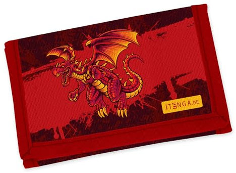 itenga Kinder Geldbörse - Geldbeutel und Brustbeutel - mit Klettverschluss, Kordelband, Geldscheinfach und Münzfach Sichtfenster für Mädchen und Jungen (Motiv Drache)